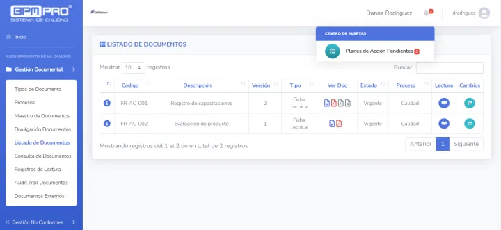 Captura BPMPro Sistema de Calidad