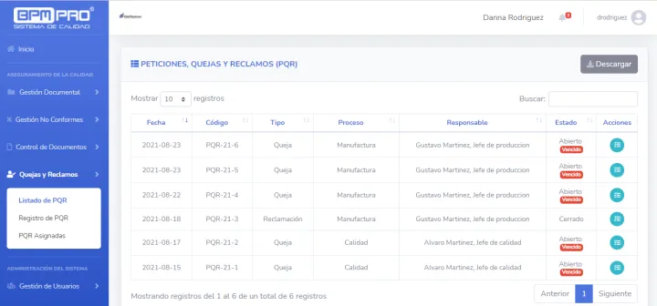 Captura BPMPro Sistema de Calidad